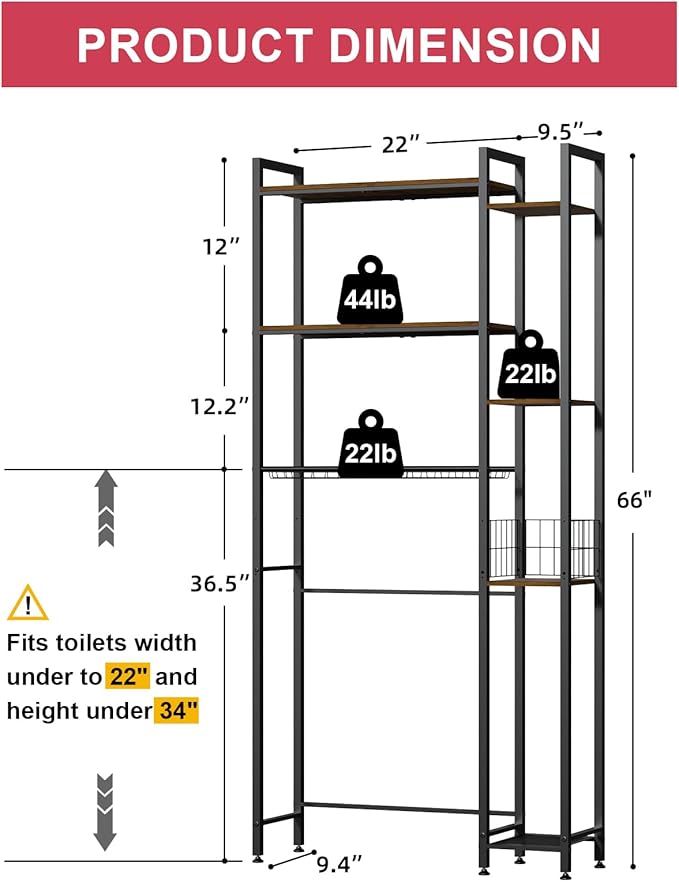 31.5" Wide Over Toilet Bathroom Organizer, Solid Wood Over The Toilet Storage With Paper Holder, Hooks, Side Shelf, Freestanding Bathroom Shelves Over Toilet for Laundry Room, Dorm Room, Balcony