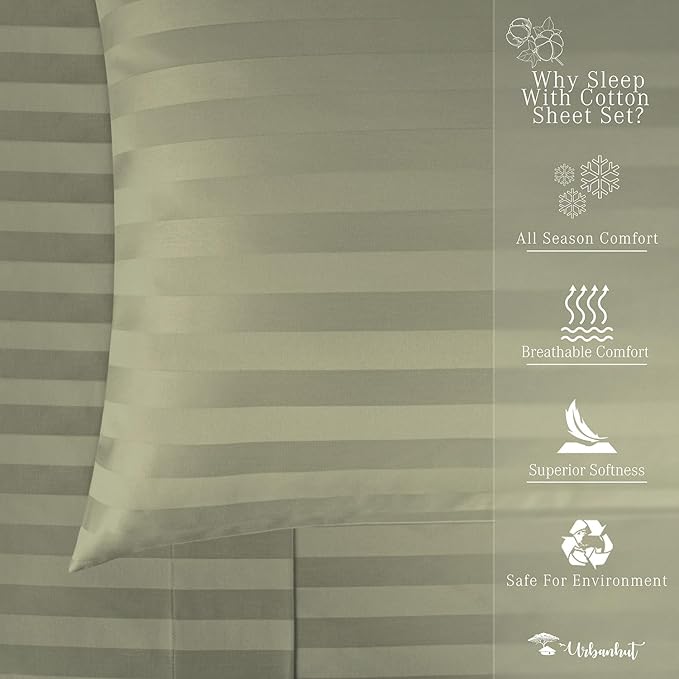 URBANHUT 1000 Thread Count Damask Striped King Size Egyptian Cotton Sheets, Long Staple Soft & Breathable, 4 Pc Bed Sheet Sets, Luxury Hotel Sateen Sheets Fits 16" Deep Pocket - Sage