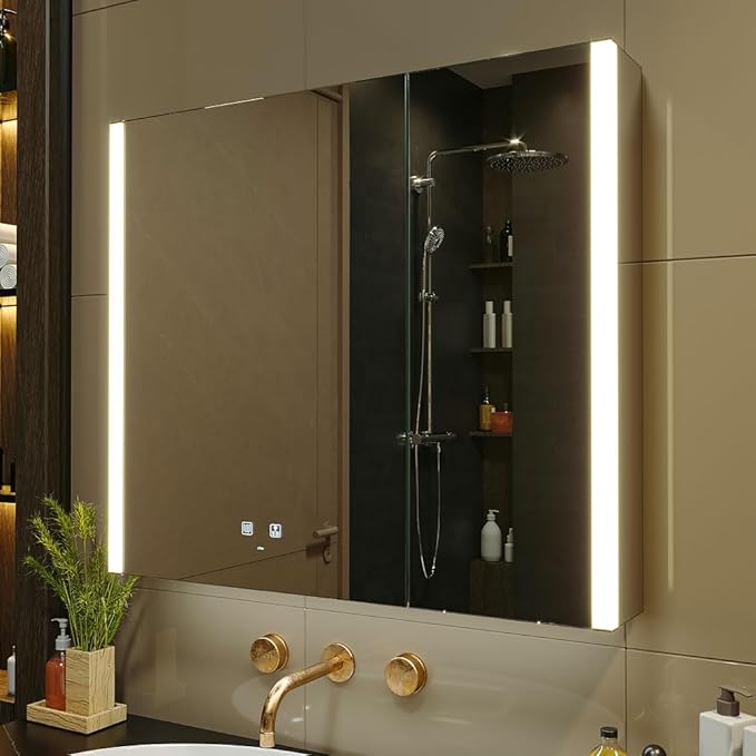 KWW LED Lighted Bathroom Medicine Cabinet with Sockets & USBs, Defogger, Dimmable, 3 Color Light Makeup Mirror, Easy to Install, Wall Mounted Cabinet (Two-Door, 31 * 28)
