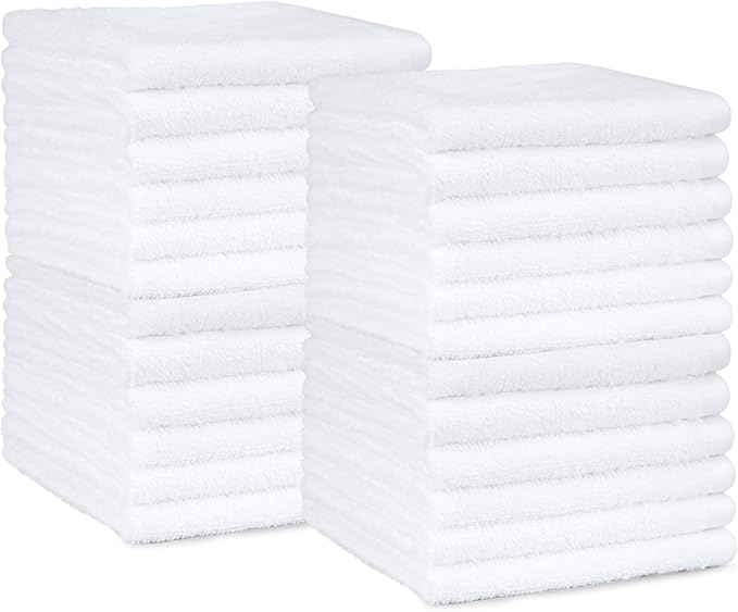 Amazon Basics Fast Drying Cotton Washcloths for Bathroom, Machine Washable, Soft and Highly Absorbent, 12 x 12 in, White, 24-Pack