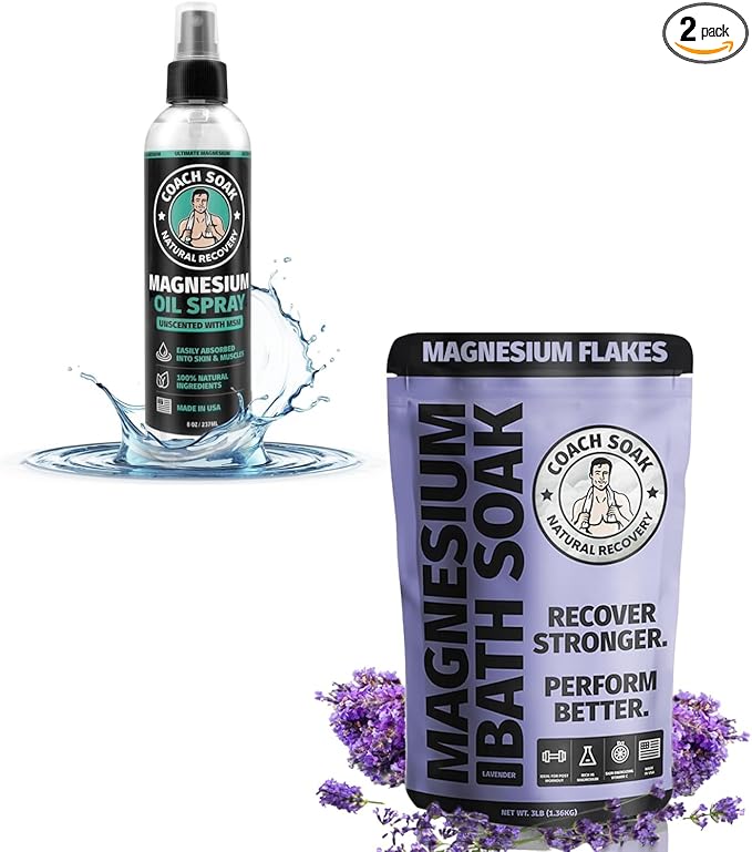 Coach Soak Lavender Flakes Bath Soak and Magnesium Oil Spray with MSM - Fast-Absorbing Recovery Bath Salts with Dead Sea Minerals and Essential Oil and 8oz Magnesium Chloride Topical Spray