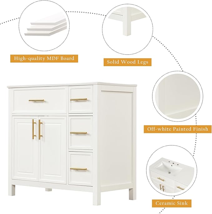 Favfurish 36" Bathroom Vanity with Sink Combo,Bathroom Vanity Cabinet with Two Soft-Closing Doors and Four Drawers,Free Stading Vanities w/Gold Handler,for Bathroom,Easy Assembly,White