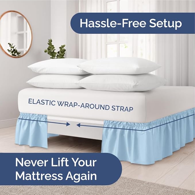 Wrap Around Dust Ruffle Bed Skirt - Light Blue - for King Size Beds with 12 Inch Drop - Elastic Strap - Adjustable Pleated Bedskirt with Brushed Fabric and Wrinkle Free - for Women, Men, Kids & Teens