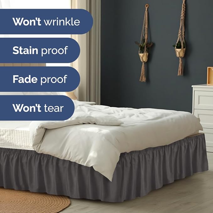 Wrap Around Dust Ruffle Bed Skirt - Charcoal - for King Size Beds w/ 12 Inch Drop - Easy Fit Elastic Strap - Adjustable Pleated Bedskirt w/Brushed Fabric - Wrinkle Free - for Women, Men, Kids & Teens