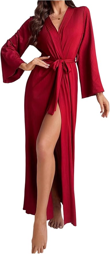 OYOANGLE Womens Long Robes Kimono Elegant Lightweight Knit V Neck Bathrobe Soft Sleepwear Casual Bath Robe