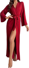 OYOANGLE Womens Long Robes Kimono Elegant Lightweight Knit V Neck Bathrobe Soft Sleepwear Casual Bath Robe