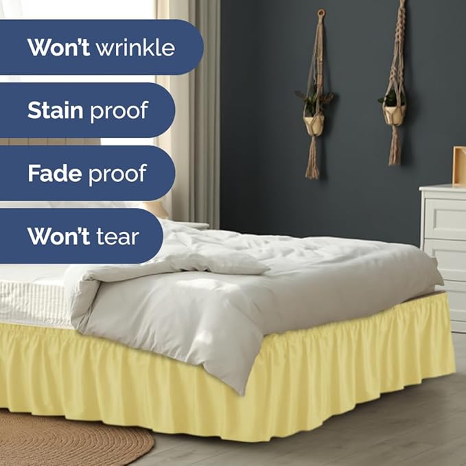 Wrap Around Dust Ruffle Bed Skirt - Yellow - for Full Size Beds with 15 Inch Drop - Easy Fit Elastic Strap - Adjustable Pleated Bedskirt w/Brushed Fabric - Wrinkle Free - for Women, Men, Kids & Teens