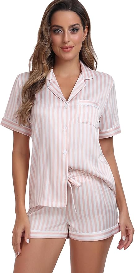Women's Satin Pajama Set 2-Piece Sleepwear Loungewear Button Down Short Sleeve Silky PJ Set