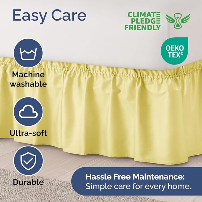 Wrap Around Dust Ruffle Bed Skirt - Yellow - for Queen Size Beds with 18 Inch Drop - Easy Fit Elastic Strap - Adjustable Pleated Bedskirt w/Brushed Fabric Wrinkle Free - for Women, Men, Kids & Teens