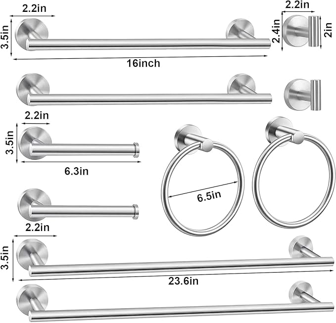 10Pcs Bath Tower Set, Includes 23.6 inch & 16 inch Towel Bars, Hooks, Rings & Toilet Paper Holder - Brushed Nickel