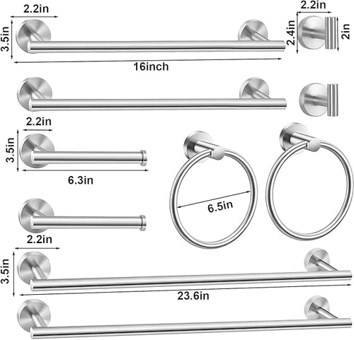 10Pcs Bath Tower Set, Includes 23.6 inch & 16 inch Towel Bars, Hooks, Rings & Toilet Paper Holder - Brushed Nickel