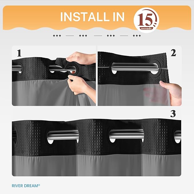 River Dream Heavyweight No Hooks Required Dotted Waffle Weave Shower Curtain with Snap in Liner - 71W x 80H,Hotel Grade,Spa Like Bath Curtain,Graphite Black