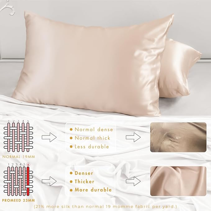 PROMEED 100% Mulberry Silk Pillowcase 2 Pack with Zipper, 23 Momme Grade 6A+ Silk Pillow Case King Size Set of 2, Cooling Pillow Cases for Hot Sleepers (King 20"x36", Champagne)