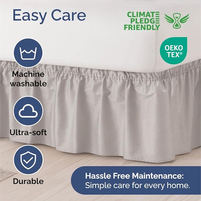 Wrap Around Dust Ruffle Bed Skirt - Light Grey - for Queen Size Beds with 12 Inch Drop - Elastic Strap - Adjustable Pleated Bedskirt with Brushed Fabric and Wrinkle Free - For Women, Men, Kids & Teens