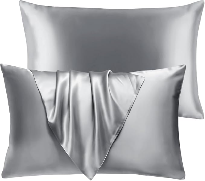 BHZ Satin Goose Down Feather Pillows Queen Size Set of 2 with Satin Pillowcase for Hair and Skin, Cooling Pillow Cases Similar to Silk Pillow Cases, Decorative for Women, Mom Men, Grey