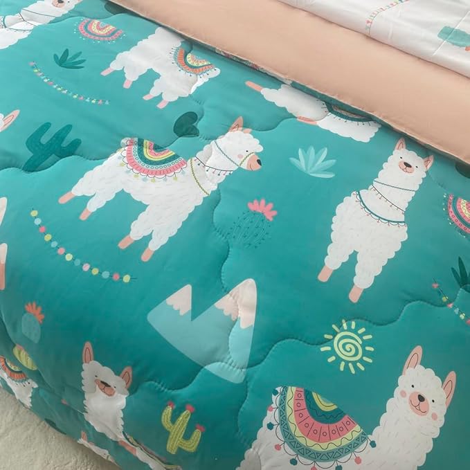 Wajade Kids Cute Llama Comforter Set Bed in A Bag Full Size 7 Piece Green Alpaca Tropical Plant Bedding Set for Girls Boys (1 Comforter, 1 Flat Sheet, 1 Fitted Sheet, 2 Pillowcase and 2 Pillow Sham)