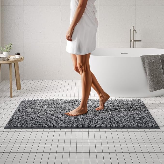 MAYSHINE Chenille Plush Extra Long Bath Mat Runner, 1 INCH Pile, Charcoal Gray, 59x31 inches, Machine Washable, Non-Slip