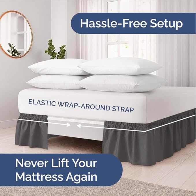 Wrap Around Dust Ruffle Bed Skirt - Charcoal - for Queen Size Beds w/ 12 Inch Drop - Easy Fit Elastic Strap - Adjustable Pleated Bedskirt w/Brushed Fabric - Wrinkle Free - Women, Men, Kids & Teens