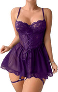 Lilosy Sexy Garter Belt Mesh Lace Babydoll Lingerie Dress Set with Thong