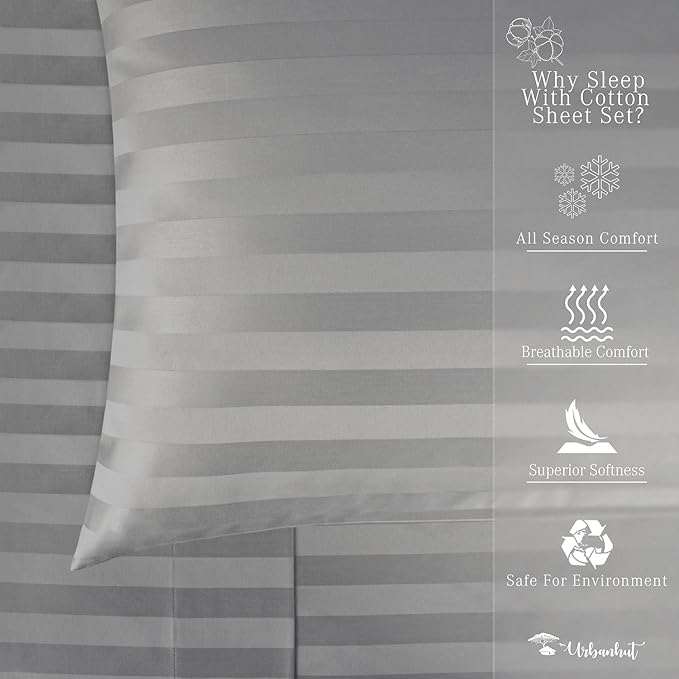 URBANHUT 1000 Thread Count Egyptian Cotton Sheets Damask Striped King Size, Long Staple Soft & Breathable, 4 Pc Bed Sheet Sets, Luxury Hotel Sateen Sheets Fits 16" Deep Pocket - Dark Grey