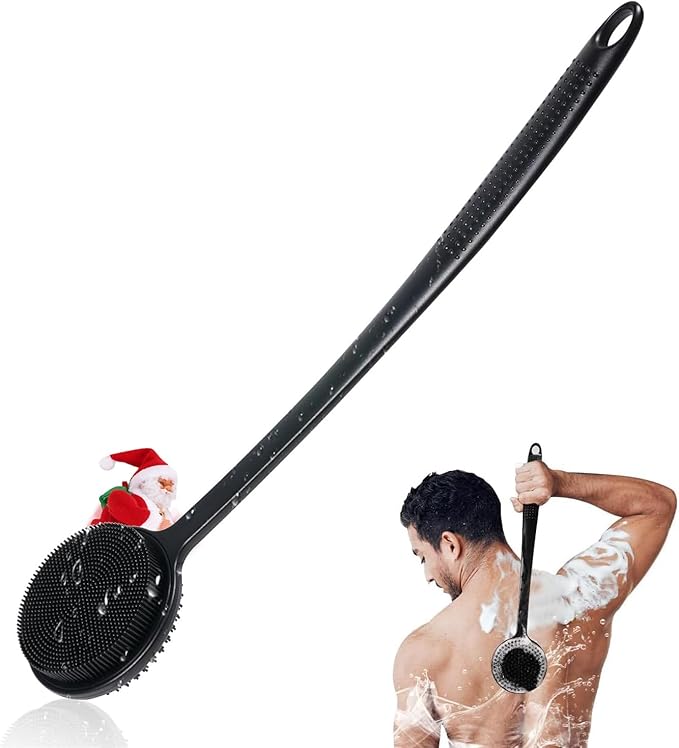 Silicone Back Scrubber for Shower, 17in Lengthen Long Handle Body Brush, Double Sided Shower Brush for Shower Exfoliating and Massage Can Produce Rich Foam, Long Handle Back Scrubber for Men