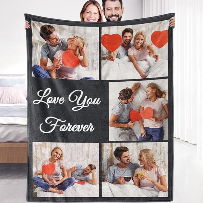 Sherpa Fleece Custom Photo Blanket - Soft, Warm, Fuzzy - Personalized Couples Gifts for Boyfriend, Girlfriend - Customized Picture Blanket for Birthday, Christmas