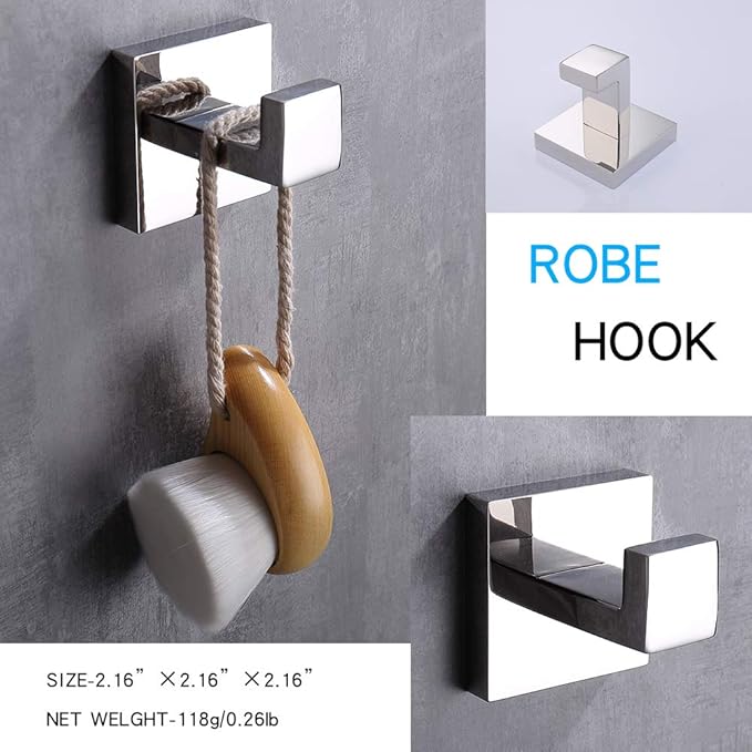 TASTOS 3-Piece Chrome Bathroom Hardware Accessory Set, Premium Stainless Steel Robe Hook Toilet Paper Holder 16-Inch Towel Bar Set Wall Mounted Square Style, Polished Finish (Silver)