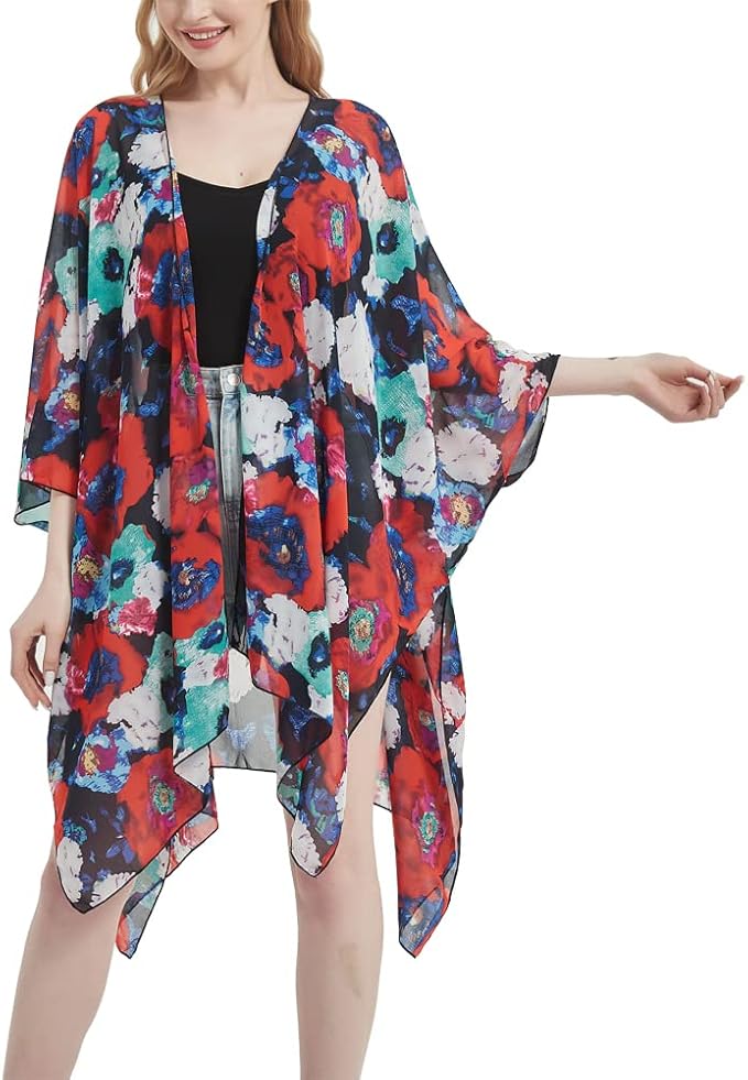 Women's Bohemian Floral Chiffon Beach Cover up Swimsuit Kimono Summer Swimwear Cardigans