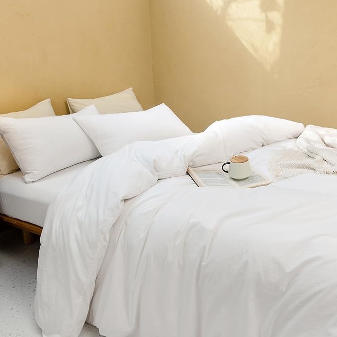FOSSA White Duvet Cover Set, 100% Washed Cotton Linen Feel Super Soft Breathable Cozy 3 Pieces Bedding Sets Solid Off White Super King Plus