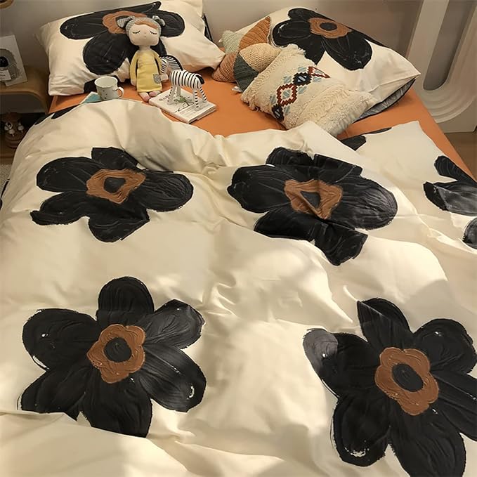 KAREVER Black Floral Comforter Set Girls Black Botanical Bedding Twin Women Boho Chic Blankets Lightweight Black Flower Reversible Bed Comforter Set Twin Size