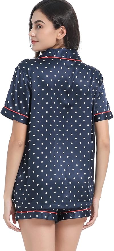 Women's Satin Pajama Set 2-Piece Sleepwear Loungewear Button Down Short Sleeve Silky PJ Set
