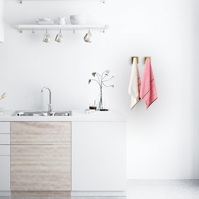 TASTOS Bath Towel Hooks Brushed Gold, 2 Pack Stainless Steel Robe Coat and Clothes Hook, Heavy Duty Wall Hook for Bathroom & Kitchen, Modern Square Style Wall Mounted…