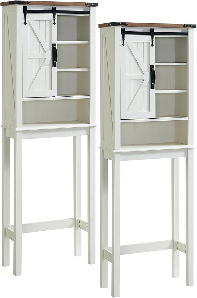 RedLemon Farmhouse Over The Toilet Storage Cabinet Set of 2, 68" Tall with Sliding Barn Doors & Adjustable Shelves, Rustic Above Toilet Storage Cabinet, Antique White