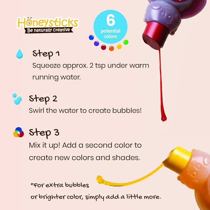 Honeysticks Kids Bubble Bath 3 Pk (Blue, Red, Yellow): Non-Toxic, Plant Based, Non Irritating - Changes Water Color and Creates Super Foaming Bath Bubbles - Safe for Toddlers 1-3, Kids 4-8, Bath Toys