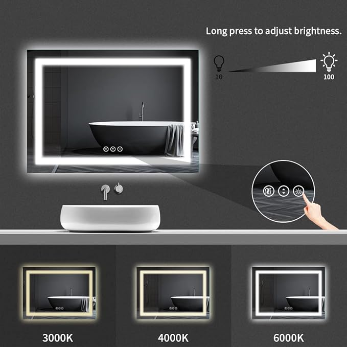 Amorho LED Bathroom Mirror 72" X36" with Front Light and Backlit, Large Wall Mirrors with Anti-Fog, Dimmable, Shatter-Proof, Memory, 3 Colors, Mountable LED Vanity Mirror