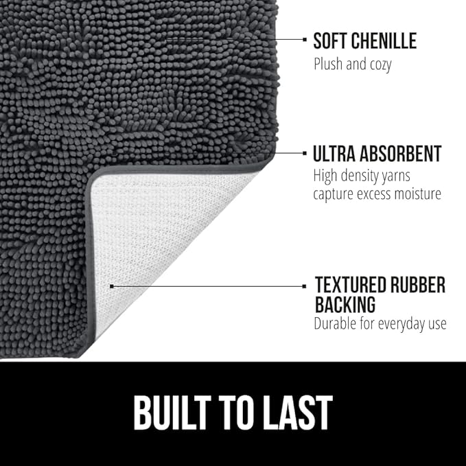 GORILLA GRIP Bath Rug Mat 30x20, Soft Absorbent Chenille, Quick Dry Microfiber Mats, Rubber Backing Washable Shower Floor Rugs, Bathmat Runner, US Designed Bathroom Home Decor Accessories Charcoal