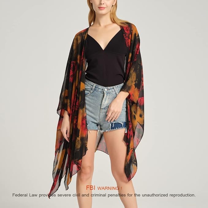Women's Bohemian Floral Chiffon Beach Cover up Swimsuit Kimono Summer Swimwear Cardigans