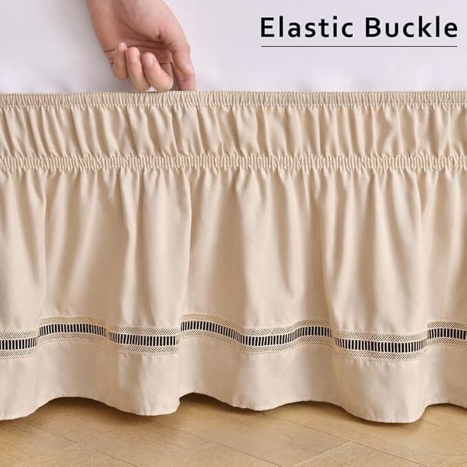 MIYE Wrap Around Ruffled Lace Bed Skirt, Elastic Dust Ruffle with Adjustable Belts, Easy to Put On, Bed Frame Cover, Machine Washable (Ruffled Lace/Beige, King/Queen-15 Drop)