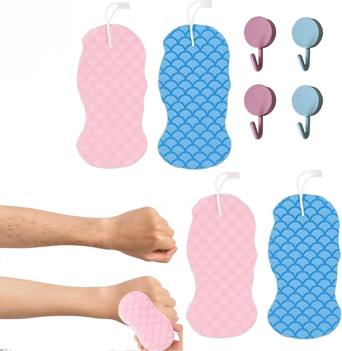 Skin Scrubber Exfoliator - 3D Super Soft Body Scrub Sponge for Dead Skin Removal, Reusable Skin-Friendly Exfoliator Also a Gentle Bath Sponge for Baby, for Adults, Kids & Pregnant Women (2Blue+2pink)
