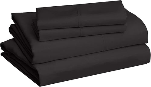Amazon Basics Lightweight Super Soft, Breathable Wrinkle-Free Microfiber 4 Piece Bed Sheet Set with 14-Inch Deep Pockets, King, Black, Solid