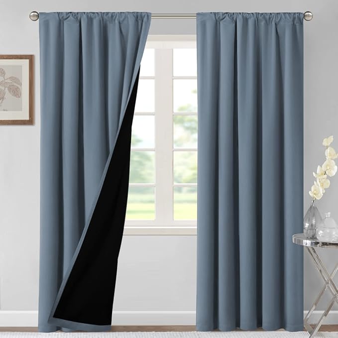 H.VERSAILTEX 100% Blackout Curtains for Bedroom Thermal Insulated Blackout Curtains 108 Inches Long Rod Pocket/Clip Rings Curtains for Living Room with Black Liner 2 Panels, Stone Blue