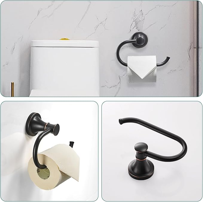 Hoimpro Oil Rubbed Bronze Bathroom Accessory Set, 4-Piece Wall Mount Hardware with Adjustable Towel Bar Rack, Towel Ring, Paper Towel Holder, Double Towel Hooks