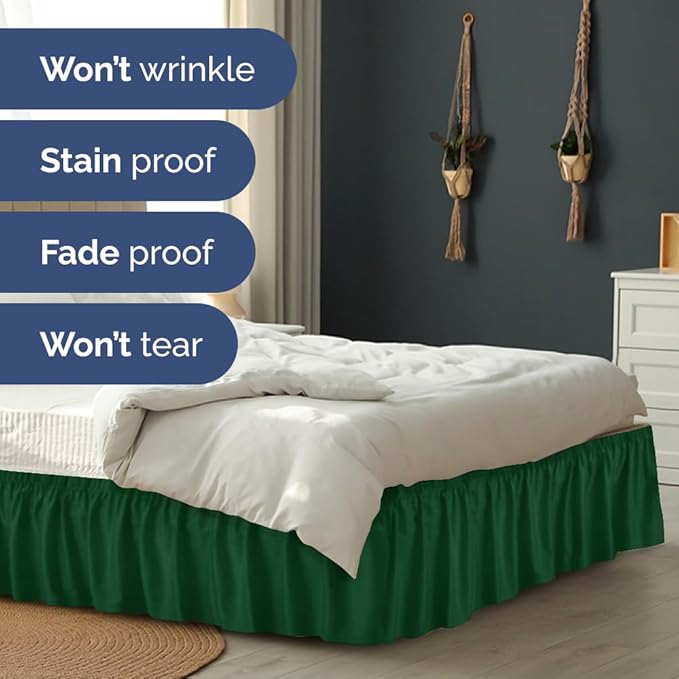 Wrap Around Dust Ruffle Bed Skirt - Emerald - for King Size Beds w/ 12 Inch Drop - Easy Fit Elastic Strap - Adjustable Pleated Bedskirt w/Brushed Fabric - Wrinkle Free - for Women, Men, Kids & Teens