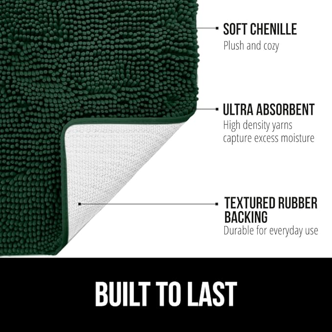 GORILLA GRIP Bath Rug Mat, Soft Absorbent Chenille, Quick Dry Microfiber Mats, Rubber Backing Washable Shower Floor Rugs, Bathmat Runner, US Designed Bathroom Decor Accessories 24x17, Hunter Green