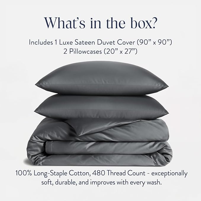 Brooklinen Luxury Sateen Duvet Cover Set - 100% Cotton, Full/Queen Size in Slate Grey - Includes 1 Duvet Cover and 2 Standard Pillowcases - Best Full/Queen Duvet Covers