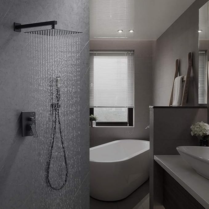 Iriber Matte Black Shower Set with 10 Inch High Pressure Rain Shower Head and Handheld and Shower Faucet Mixer Valve Modern Shower System Including Pressure Balance Valve Shower Trim Kit for Bathroom
