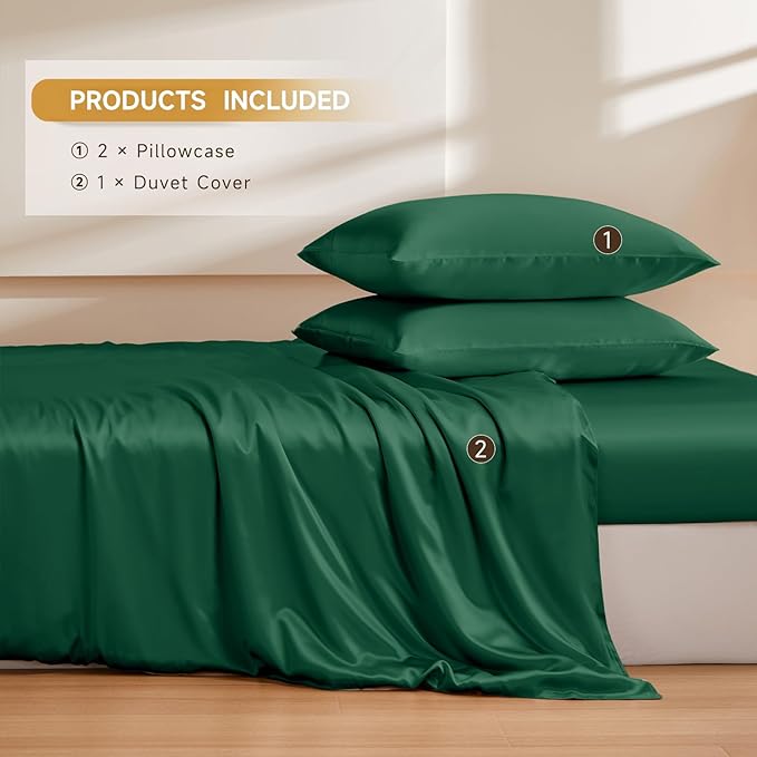 THXSILK 100% Pure Mulberry Silk Duvet Cover Set 3 Piece, 6A+ Grade Luxury Soft Bedding Silk Sheets for Hair and Skin, 1 Pcs Quilt/Comforter Cover with 2 Zippered Pillowcases (Emerald Green, Twin)