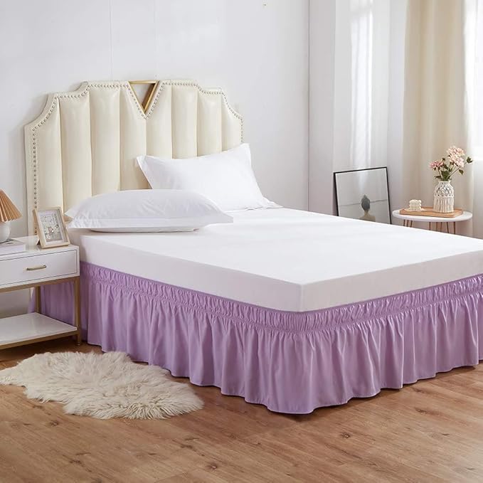 MEILA Wrap Around Bed Skirt Three Fabric Sides Elastic Dust Ruffled 14 Inch Tailored Drop,Easy to Install Fade Resistant-Light Purple, Queen/King