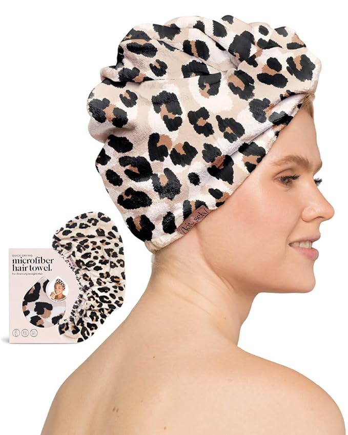 Kitsch Microfiber Hair Towel Wrap for Women - Microfiber Towel, Super Absorbent, Quick Dry, Anti-Frizz - for Long and Short Hairs, Turbans for Women, Hair Wrap - Leopard