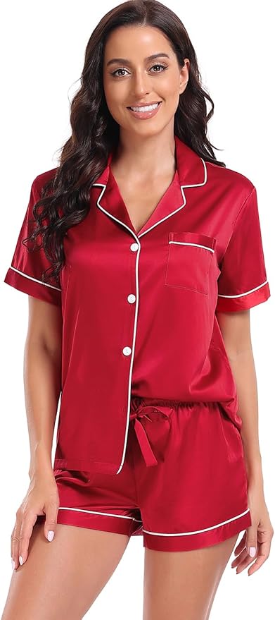 Women's Satin Pajama Set 2-Piece Sleepwear Loungewear Button Down Short Sleeve Silky PJ Set